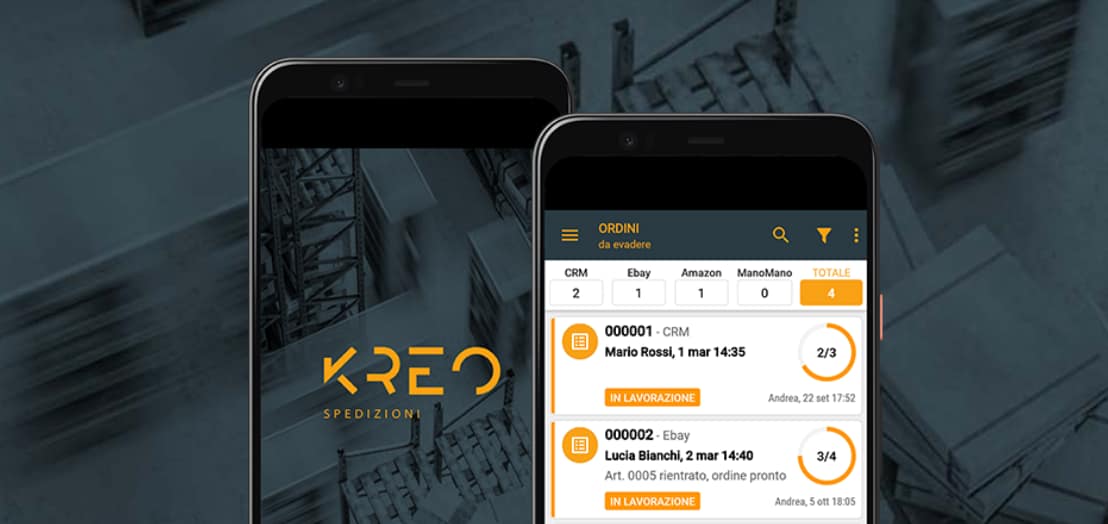 App mobile KREO Spedizioni per la gestione ordini: schermata con elenco ordini da evadere, dettagli cliente, stato lavorazione e integrazione con CRM, Ebay, Amazon e ManoMano, su sfondo magazzino logistico.