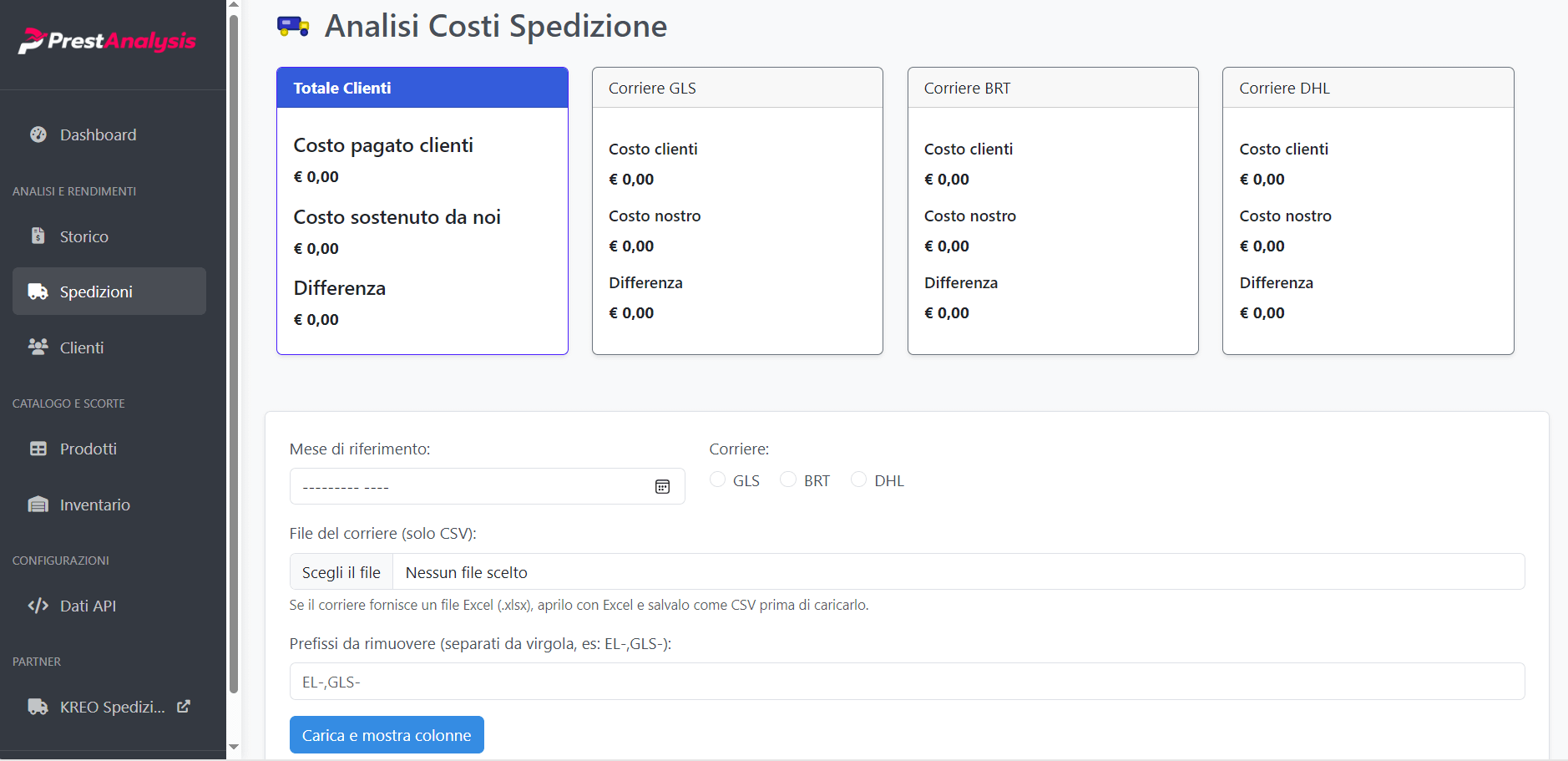 Dashboard PrestAnalysis per analisi costi spedizione: confronto tra costi pagati dai clienti, costi sostenuti dall’azienda e differenze per corrieri GLS, BRT e DHL, con funzionalità di caricamento file corriere per il calcolo dettagliato