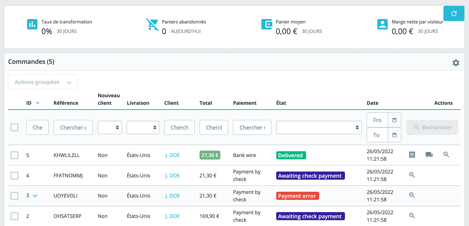 Dashboard gestione ordini Prestashop